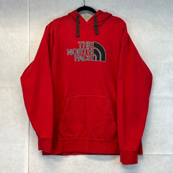 THE NORTH FACE Men’s Hoodie XL Red Black Pullover Fleece Logo Sweatshirt Pocket - Picture 1 of 13
